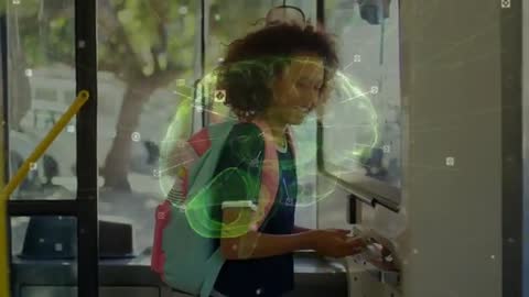 Teenage Girl Activating Transit Card on Bus with Futuristic Interface