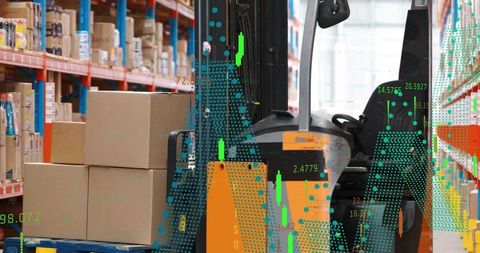 Orange electric forklift loading boxes in warehouse with inventory analytics overlay