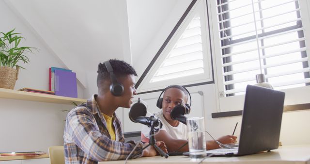 Two African American Teenage Boys Recording Podcast at Home - Download Free Stock Images Pikwizard.com