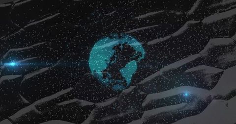 Glowing Earth Amidst Futuristic Rocky Terrain in Digital Glow