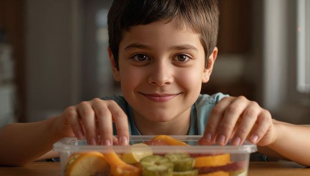 Preteen boy smiling while reaching for fresh sliced fruit in kitchen sunlight, happy snack