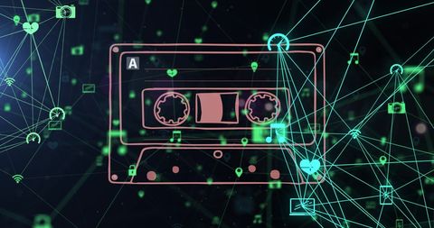 Retro VCR Neon Tape Blends with Digital Networking Icons