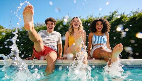 Friends kicking water at backyard pool edge, splashes flying, laughing in swimwear