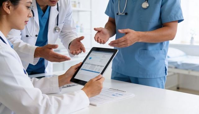 Medical team collaborating over tablet showing electronic health record and charts