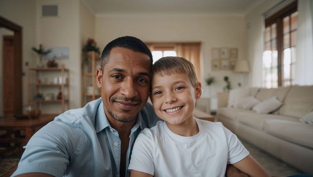 Father and son smiling together in cozy living room sharing warm candid family moment