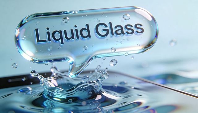 Hovering liquid glass speech bubble forming crown splash over glossy screen refraction