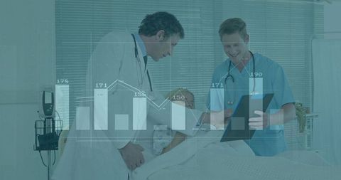 Medical professionals analyzing patient data in hospital room
