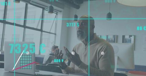 Mature professional presenting data with hud overlays in modern collaborative office
