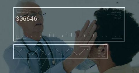 Doctor Performing Examination with Digital Interface Overlays