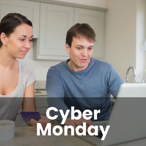 Smiling Couple Shopping Online During Cyber Monday Sale - Download Free Stock Templates Pikwizard.com