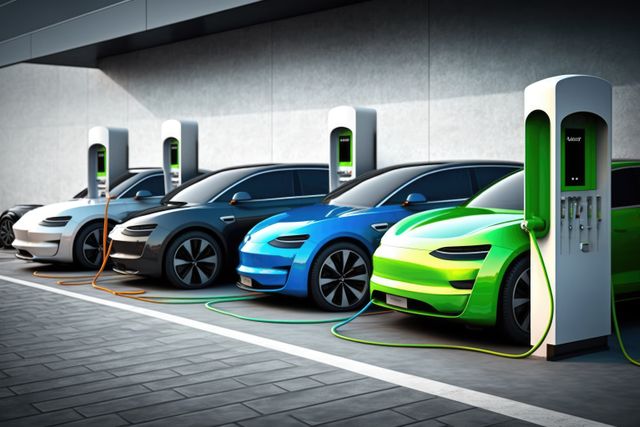 Electric cars charging in charging station in street, created using generative ai technology. Electric car and eco transport concept digitally generated image.