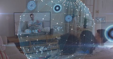 family enjoying smart home video call with futuristic tech overlay - Download Free Stock Images Pikwizard.com