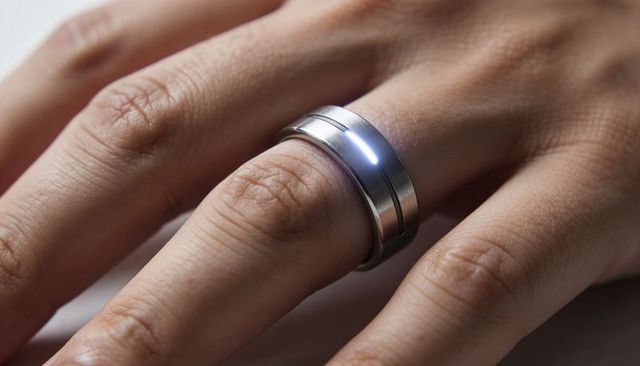 Smart LED Ring on Finger Closeup, Minimalist Metallic Band, Wearable Tech Jewelry
