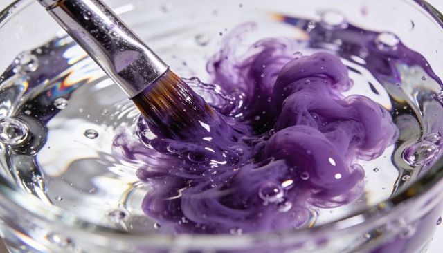 Purple pigment diffusing from paintbrush into clear water macro closeup with vivid swirls