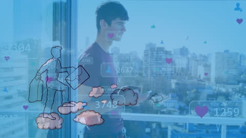 Man Engaging with Digital Social Media Connection Overlays