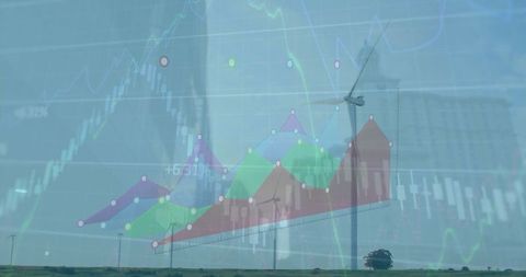 Renewable Energy Concept with Financial Graphs and Wind Turbine