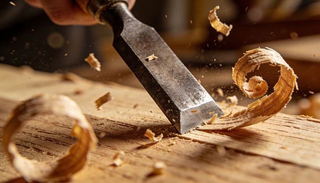 Chisel carving hardwood creating curly wood shavings and flying sawdust workshop closeup