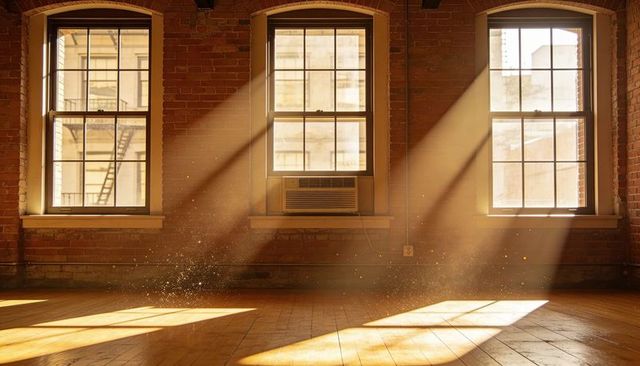 Golden Sunbeams Casting Through Arched Loft Windows onto Hardwood Floor with Dust Motes