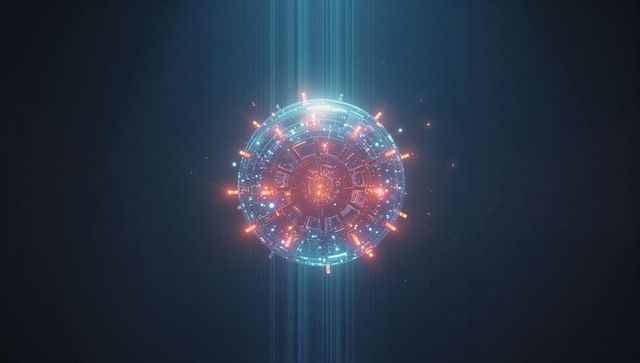 Futuristic holographic interface with data nodes and light beams