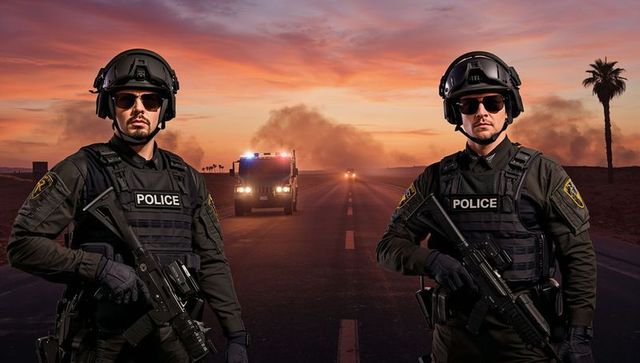 Police officers on desert highway at sunset with flashing lights