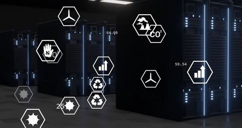 Advanced Data Center with Glowing Server Rack and Digital Tech Icons