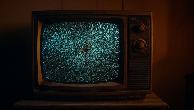 Vintage CRT Television with Turquoise Spiral Static in Dark Room