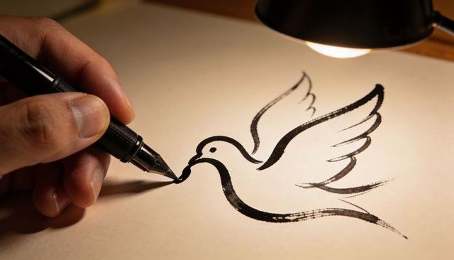 Male hand drawing ink dove with fountain pen under warm desk lamp, calligraphy sketch