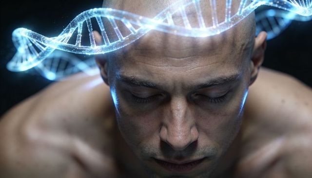 Bald man contemplating dna hologram above head, futuristic genetics neuroscience concept