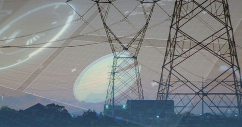 Futuristic power lines with digital grid overlay