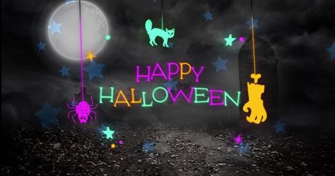 Neon Happy Halloween with Hanging Decorations and Full Moon