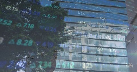 Financial Data Overlay on Cityscape Reflecting Market Trends