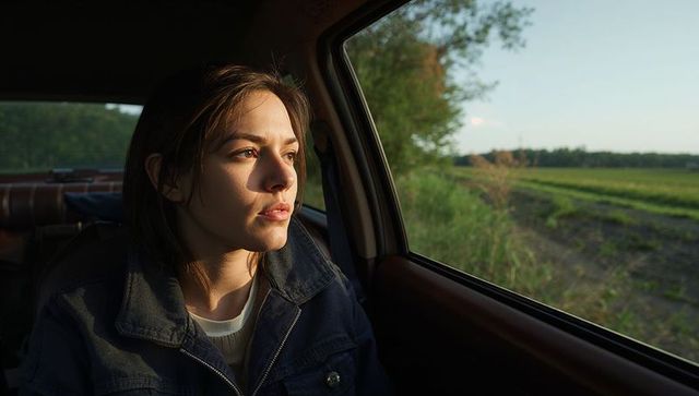 Gazing young woman in denim jacket looking out car window over golden farmland at sunset