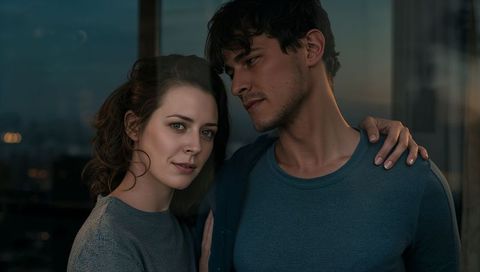 Intimate urban couple leaning by dusk window in knitted long-sleeves with city reflections