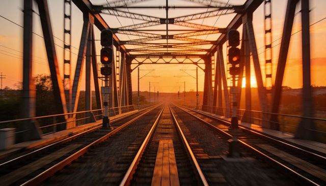 Railway tracks leading across steel truss bridge at sunset with signal lights