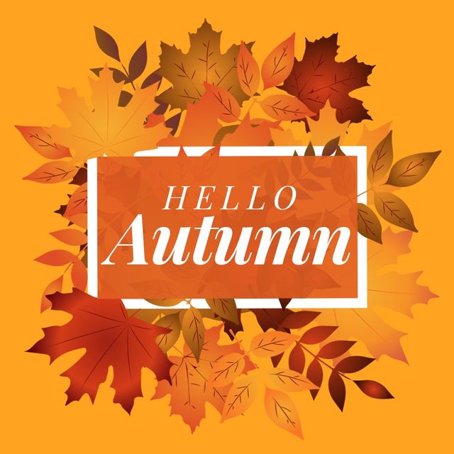 Illustration features colorful maple leaves with 'Hello Autumn' text on an orange background. Perfect for seasonal greetings, social media posts, banners, and holiday cards to celebrate the arrival of autumn.