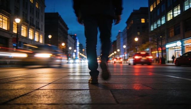 Night urban pedestrian walking on paved street with moving car light trails and shop lights