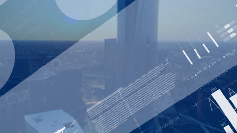 Visual representation of data interfaces and analytics infographics projected over a cityscape. Ideal for illustrating themes of modern technology, innovation, and digital transformation. Useful in presentations about data processing in urban environments or futuristic tech solutions.