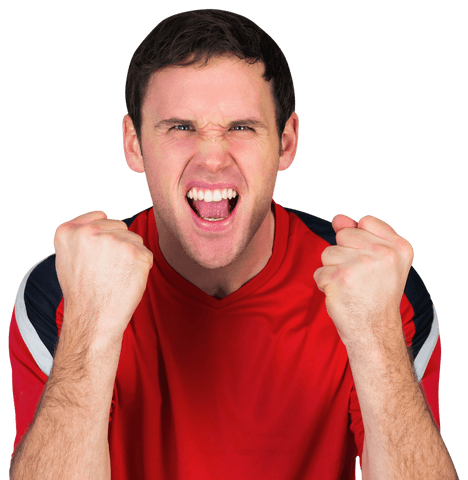 Excited Man in Red Jersey Celebrating with Clenched Fists Transparent