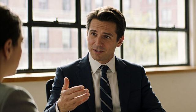 Executive in navy suit gesturing during office meeting with urban window background