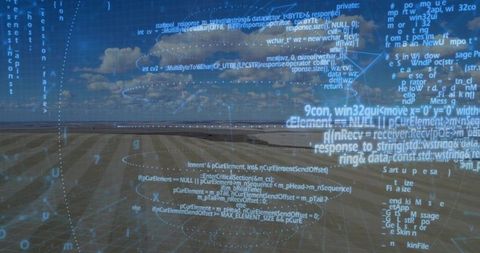 Augmented coastline showcasing floating code streams and 3D data grid under cloudy sky