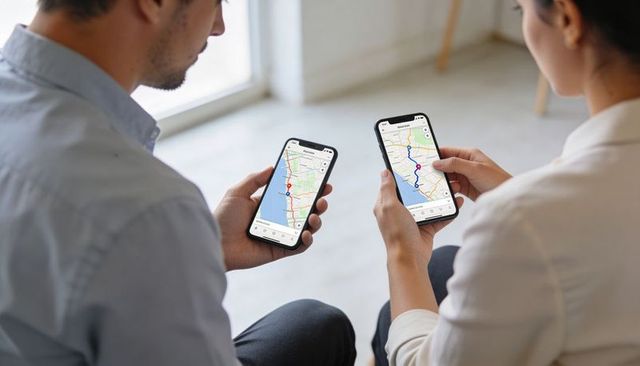Comparing mobile routes: two people navigating smartphone maps in sunlit minimalist room