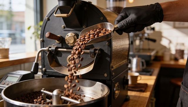 Barista scooping freshly roasted coffee beans into cooling drum roaster, artisan roastery