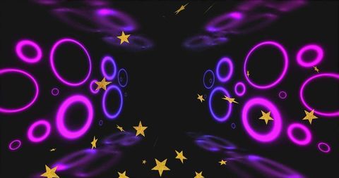 Glowing magenta and violet neon ring tunnel with floating gold stars and symmetrical depth