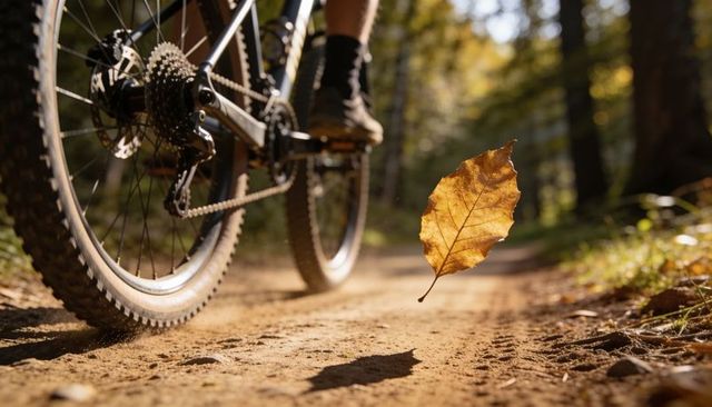 Mountain biker pedaling sunlit autumn forest trail with suspended falling leaf and dust