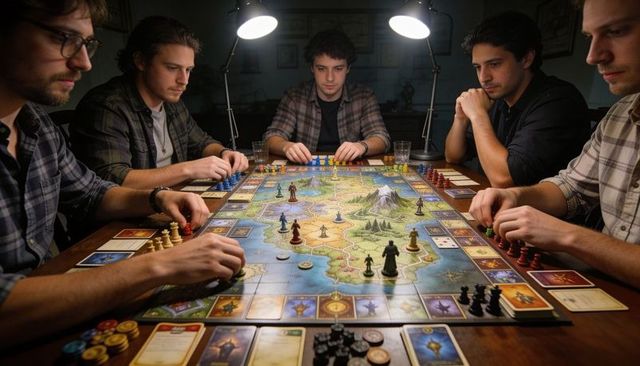 Five players playing epic fantasy strategy board game around table under desk lamps