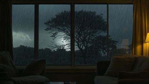 Lightning Striking Behind Silhouetted Tree Through Rainy Window in Cozy Living Room