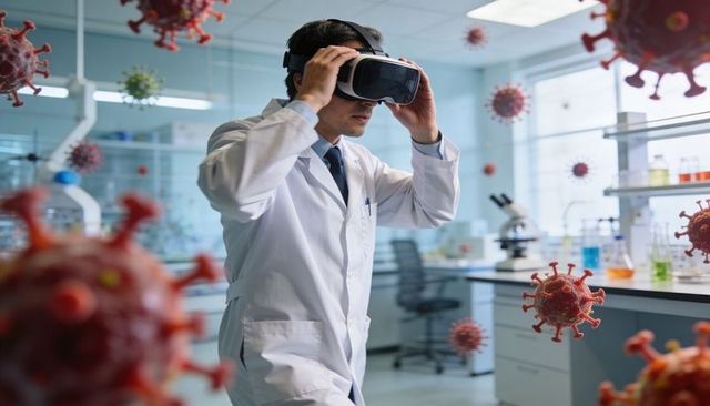 Researcher Exploring Virtual Virus Simulation in Modern Laboratory Using VR Headset