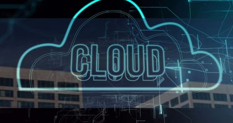 Neon Cloud HUD Overlay Hovering Over Corporate Office Facade for Cloud Computing Concepts