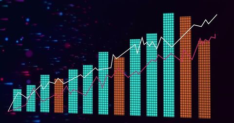 Displaying futuristic neon dashboard with multi-series grid bars and rising trend lines