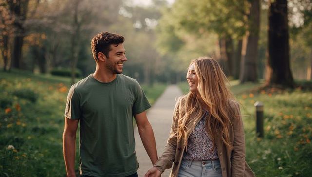 Young couple walking hand-in-hand through sunlit park lined with wildflowers and trees